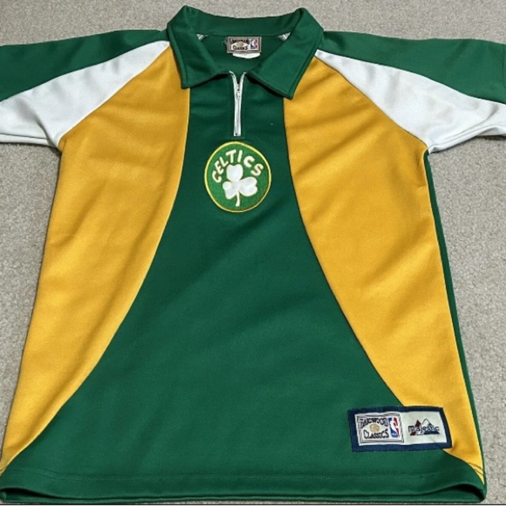 Vintage Boston Celtics warm up jersey 1/4 zip up short sleeve green and yellow